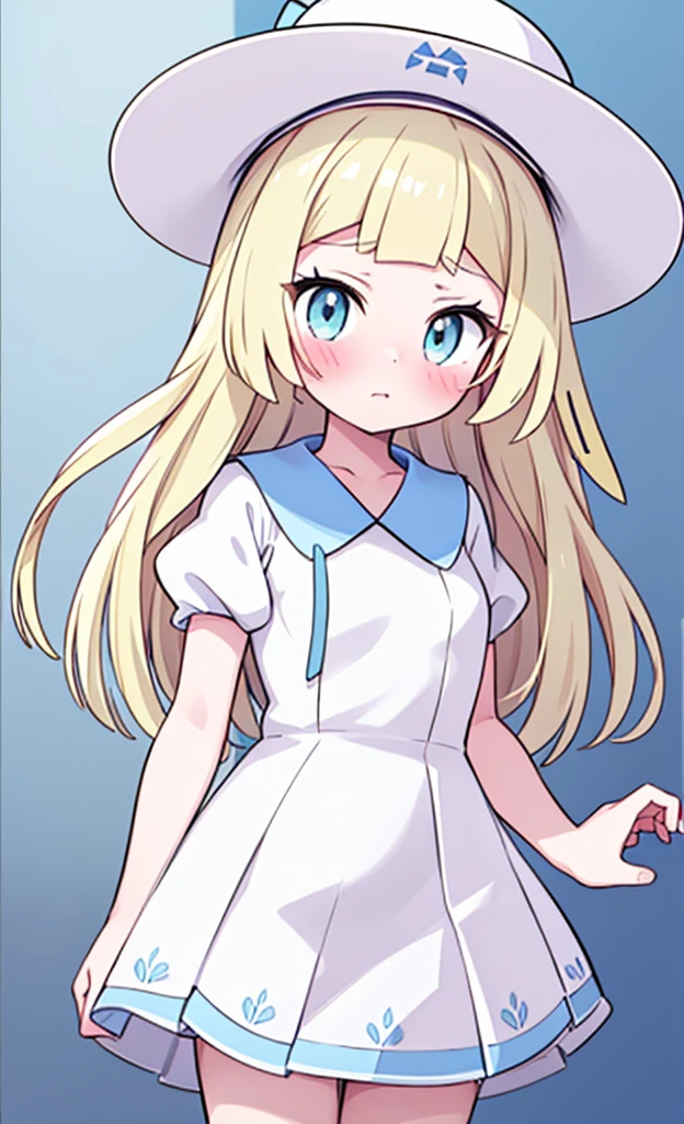 masterpiece,best quality,1 girl,solo,blush with embarrassment,Lillie,Pokémon,White Pleated Dresses,White clothes with light blue collar,Pokémon風の画風,(boldline:1.6),(deluster:1.5),(flat:1.5),White wide-brimmed hat with light blue ribbon,