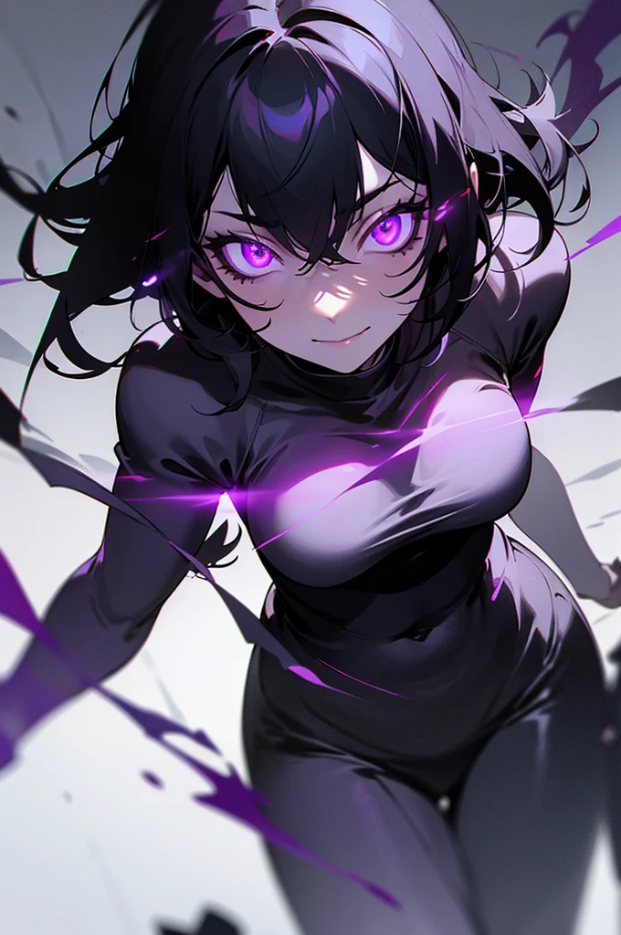 "Epic dark atmosphere, stunning 4k artwork featuring a confident black haired girl. Her captivating, glowing sharp purple eyes illuminate the scene. She was outside and looked on with glowing scary eyes and psychopath smile."
