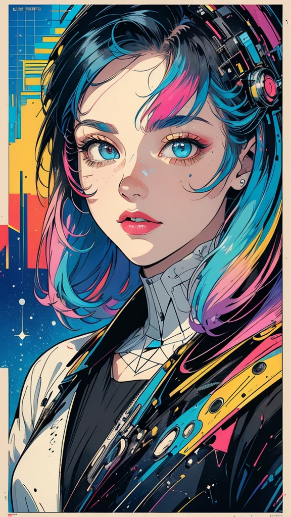 (((masterpiece, highest quality))),(((solo:1.2))),(((1girl:1.2))),32k wallpaper, very detailed, poster, vintage science fiction, 1960s,(((((geometric cinematic movie poster))))), (bauhaus), shape,(((abstract))), mid century modern, movie poster, vintage, Perfect Lady,1970's, halftone, speech bubble,(((portfolio,Close-up))),(((various angle))),(((bust up))),((highlight)),Vast landscape,((((heterochromia)))),(((complete. detailed face))),(((Extremely talented))),(((most complecated machine))),((((Overall colorfully))))