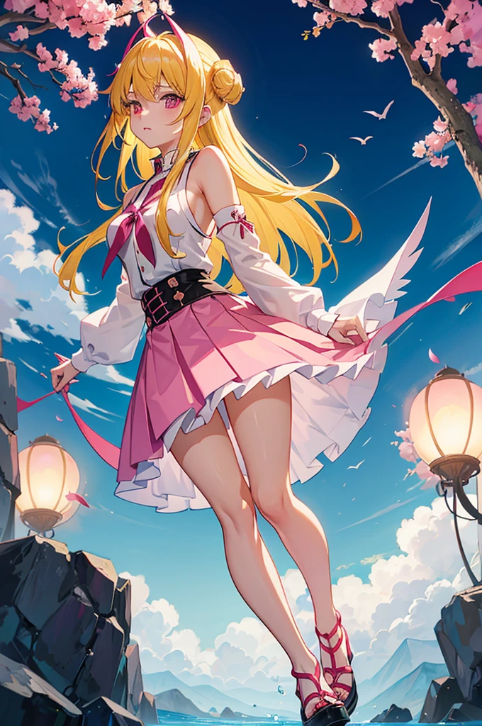 Image Anime Demon Slayer Version, A girl with yellow hair with pink tips wearing the typical Slayer uniform but with a long skirt open to the legs on both sides., no tiene mucho pecho, On the shoulders it is open like the Slayers have sweaters because theirs is white with pink tones, su catana es una barra con muchas cuchillas, His breath is that of pink fire 