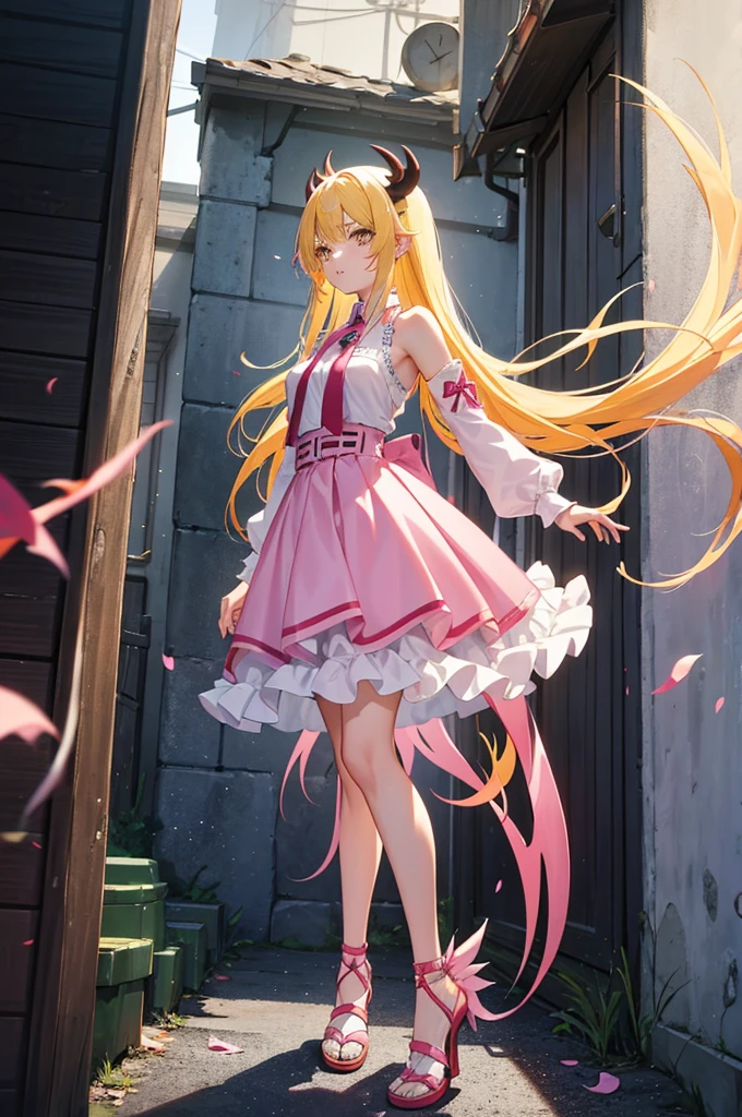 Image Anime Demon Slayer Version, A girl with yellow hair with pink tips wearing the typical Slayer uniform but with a long skirt open to the legs on both sides., no tiene mucho pecho, On the shoulders it is open like the Slayers have sweaters because theirs is white with pink tones, su catana es una barra con muchas cuchillas, His breath is that of pink fire 