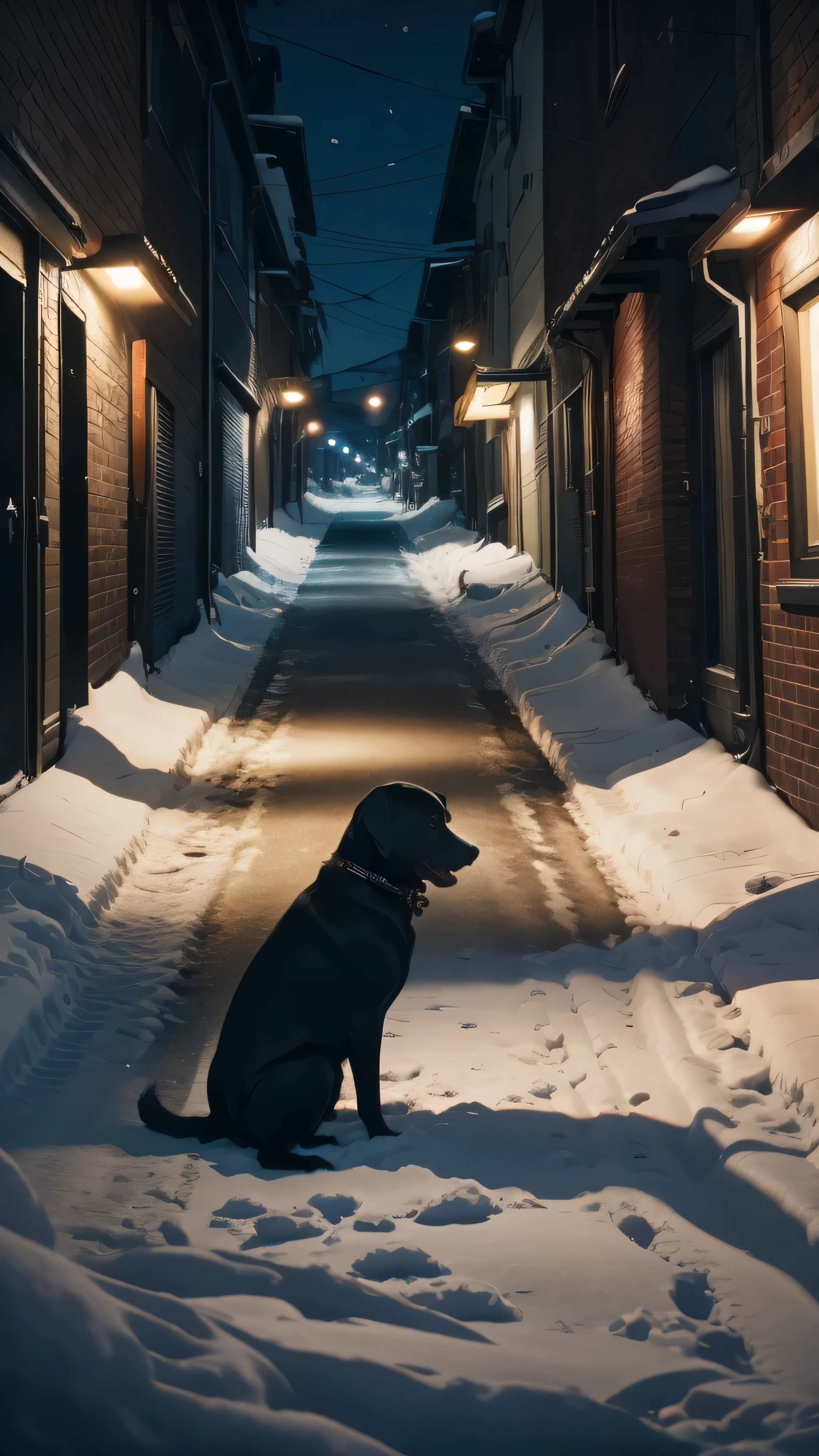 Black dog eating fishbone, alley, night, snow, car