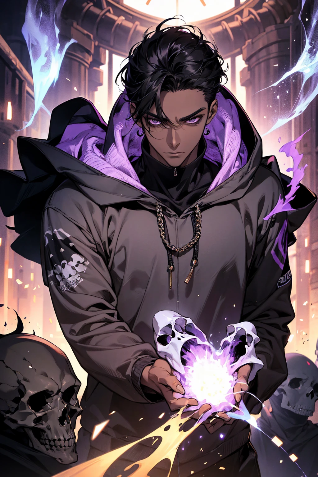 male with bones, looking away from camera, skulls, bones, handsome, black, dark skin, tall, broad shoulders, black hair, purple, purple fire, magic, detailed face, fantasy, hoodie