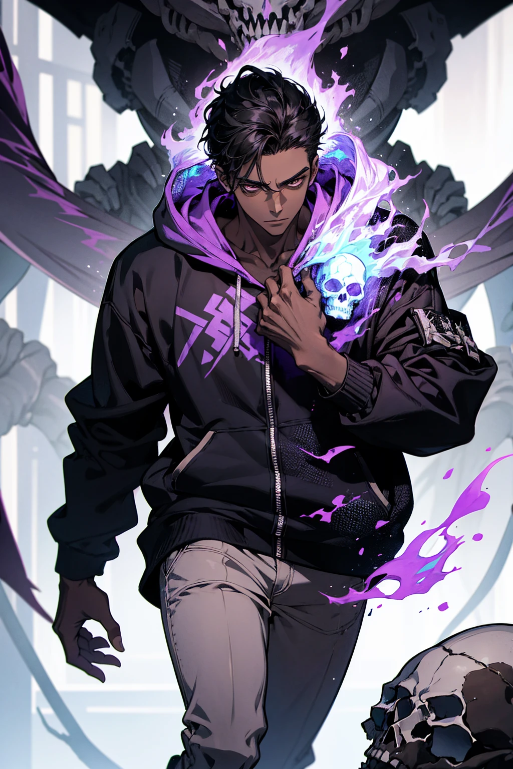 male with bones, looking away from camera, skulls, bones, handsome, black, dark skin, tall, broad shoulders, black hair, purple, purple fire, magic, detailed face, fantasy, hoodie