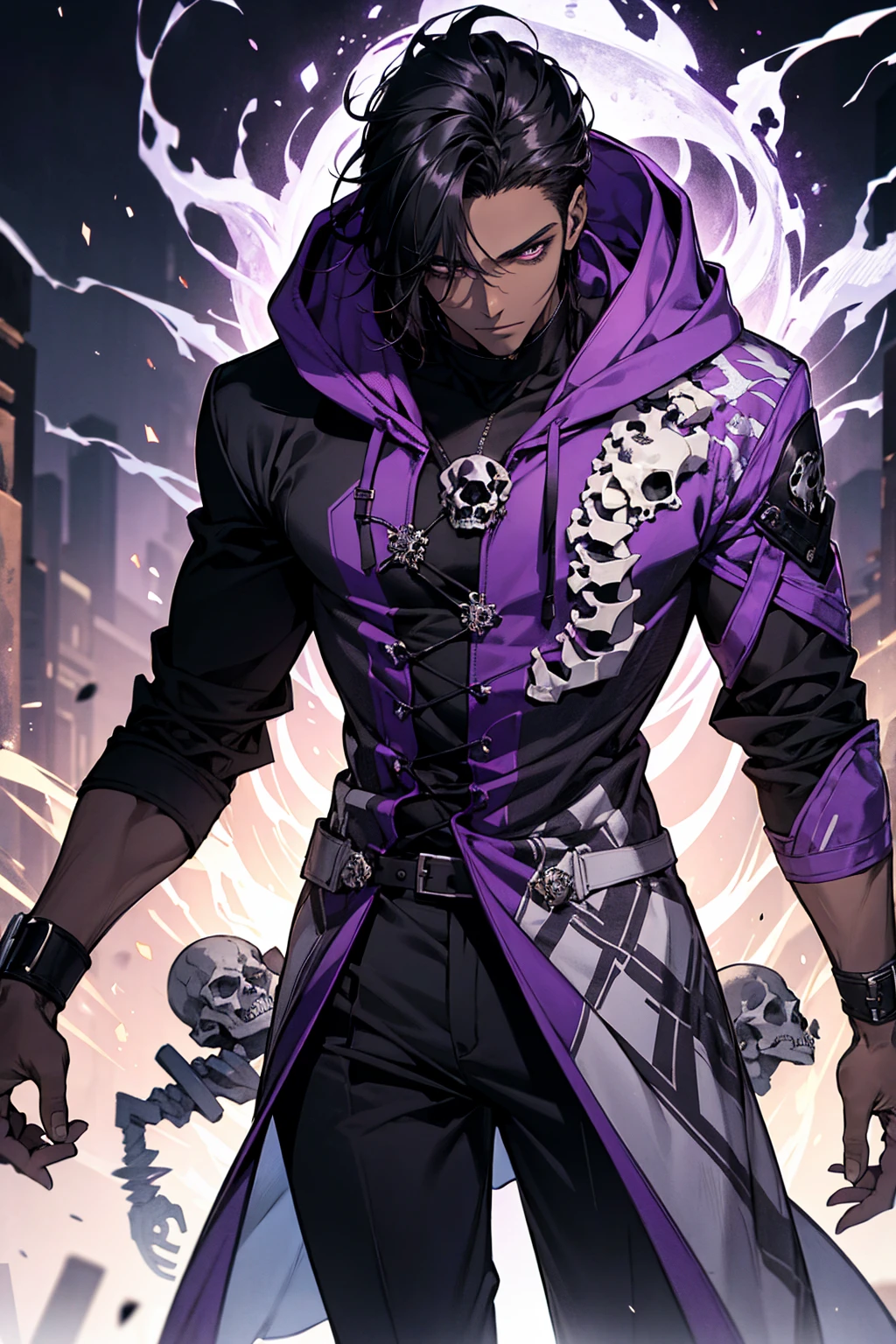 male with bones, looking away from camera, skulls, bones, handsome, black, dark skin, tall, broad shoulders, black hair, purple, purple fire, magic, detailed face, fantasy, hoodie