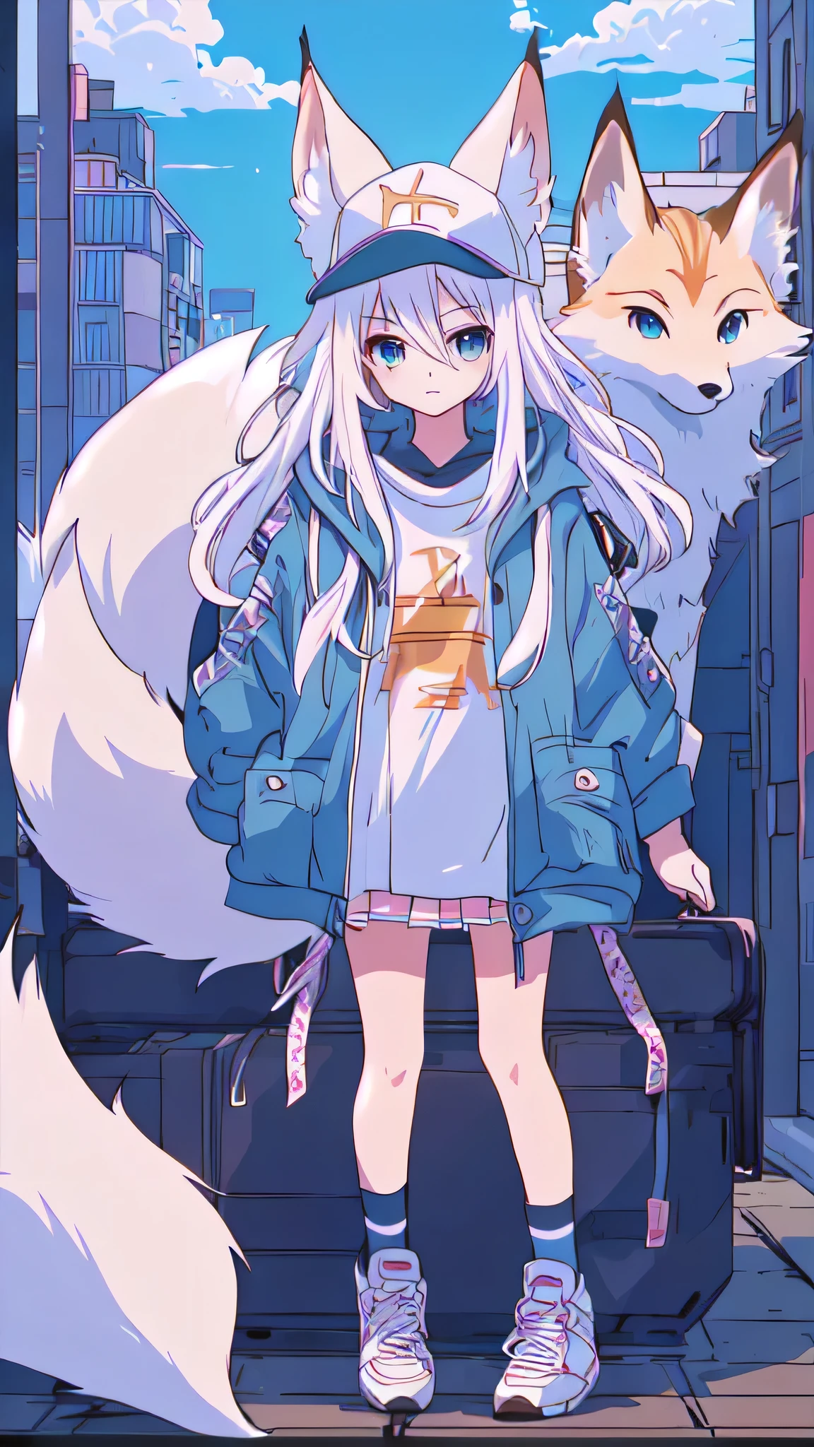 Anime girl and a fox standing in front of a building,  Anime Aesthetics, White fox, Anime style 4 k, Anime style. 8K, flat Anime style, Lofi art style, Anime atmosphere, Anime art style, anime art wallpaper 8 k, high quality Anime art style, There is a white fox beside the girl，Girl with a fox，Girl in baseball cap，A white fox behind the girl