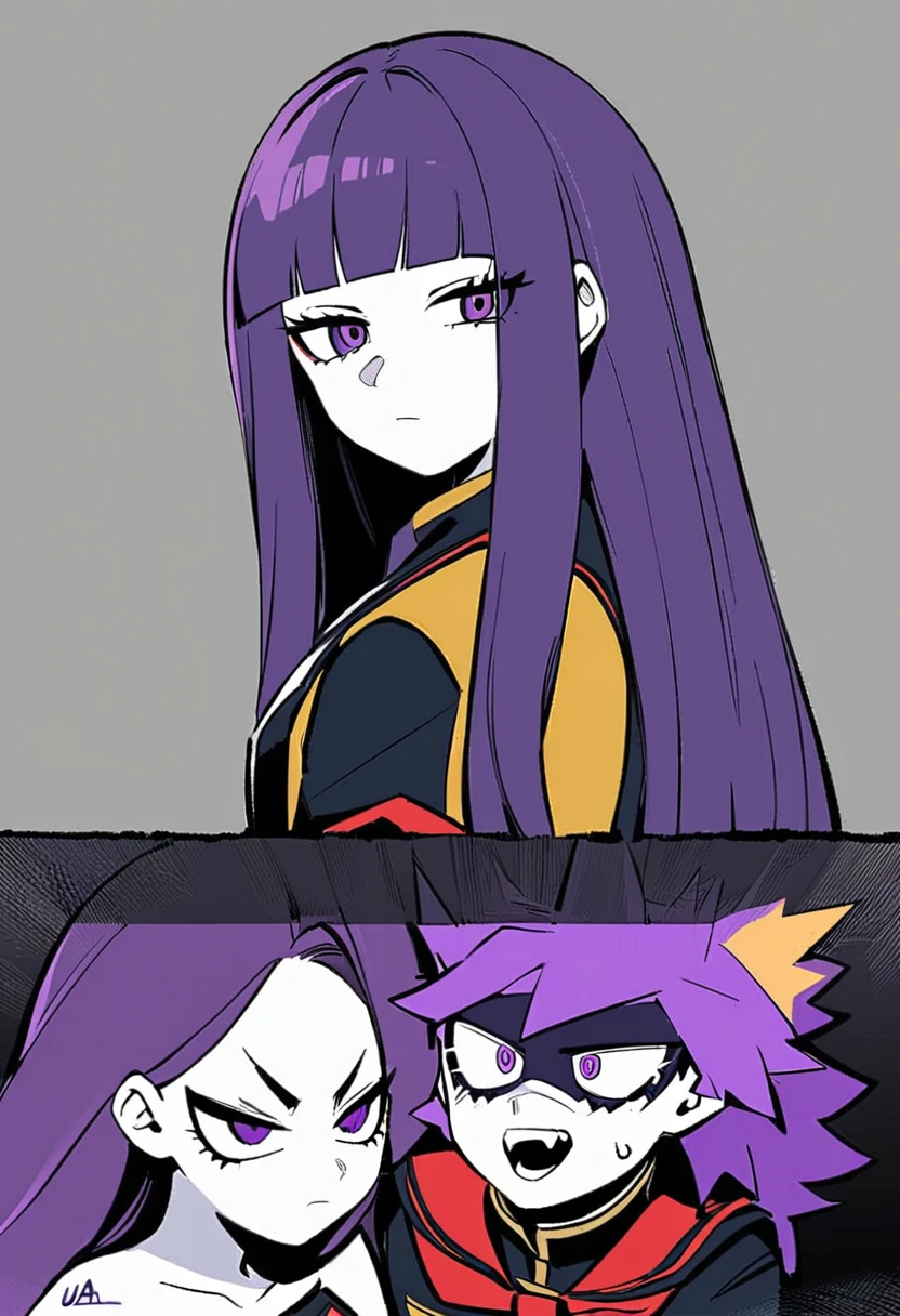My Hero Academia style with the UA uniform - A girl with long straight dark purple hair and cute bangs with very pale white skin and purple eyes with very long eyelashes with a serious My Hero Academia style expression.