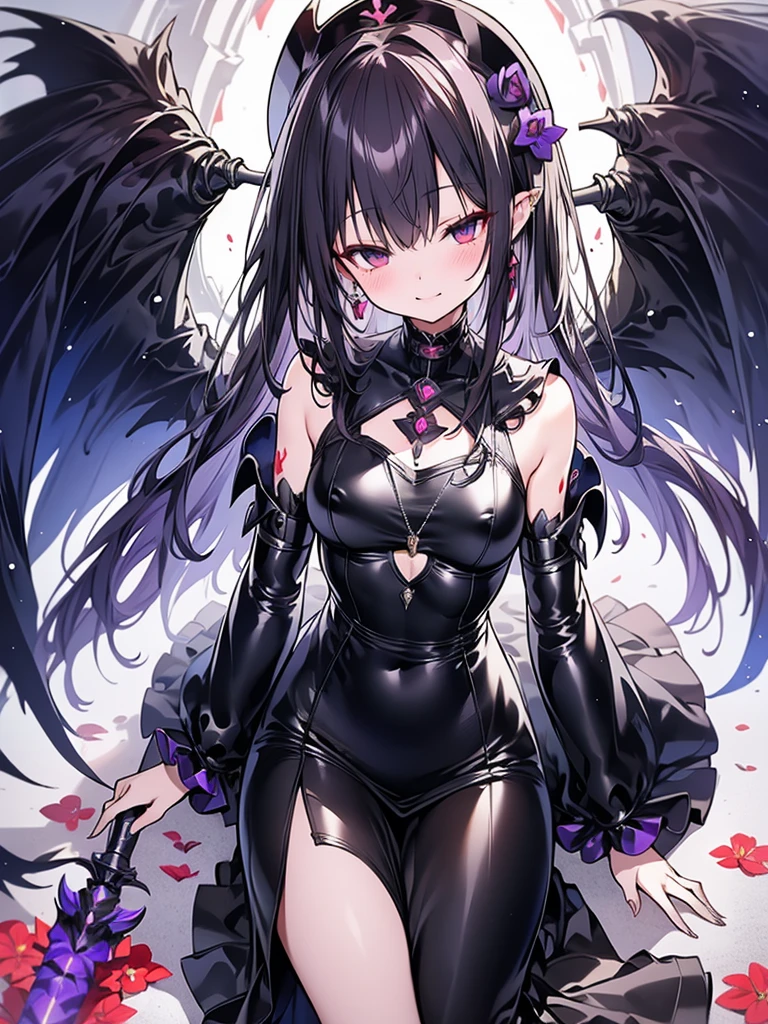 Fallen Angel, Super powerful demon with two demon horns and demon wings on its head,Devil's Tail,Black Bigini, A purple lightning bolt burst into flames.、darkness, In the clouds of darkness