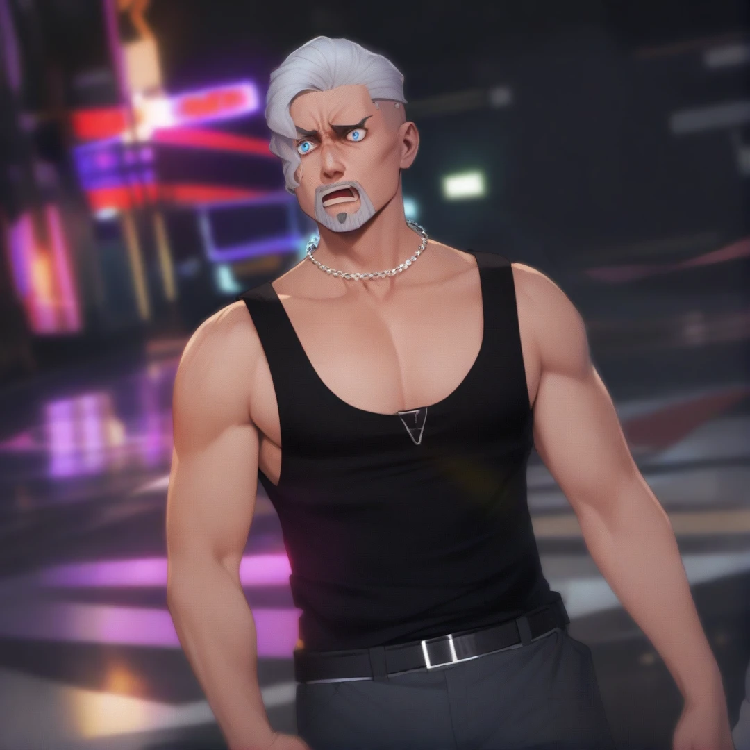 Make a man with white goat hair and beard, with blue eyes and an angry face, holding a ghost face mask hiding part of his face