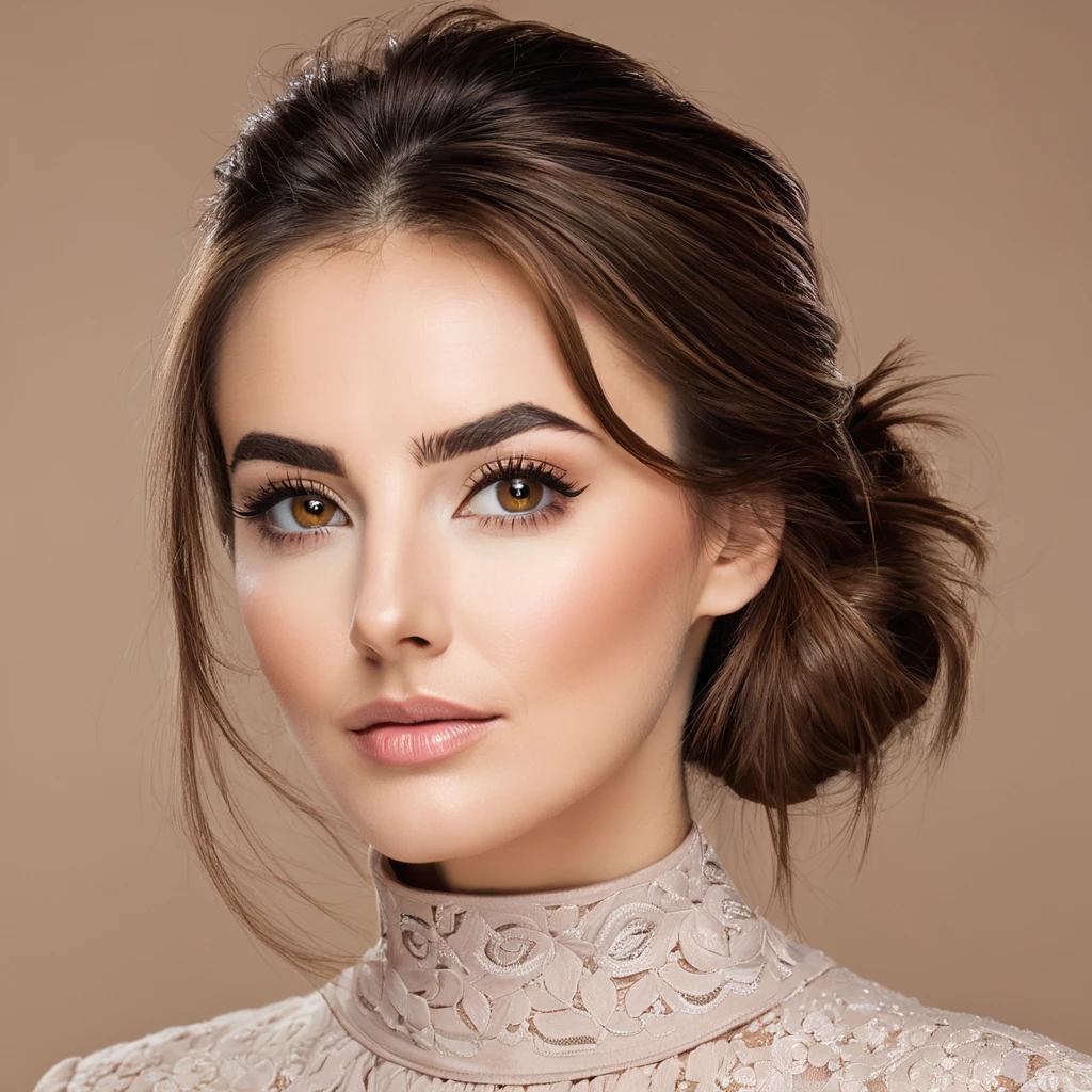 ultra sharp portrait, woman with beard on her cheeks, tied brown hair, light eyes, large nose
