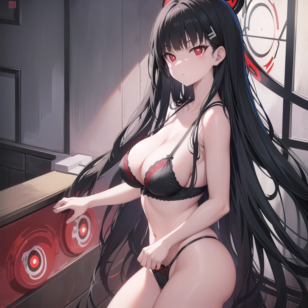 riotsukatsuki, rio, black hair, (red eyes:1.5), hair ornament, hairclip, halo, long hair,
、Extremely large breasts(4700)、 lingerie