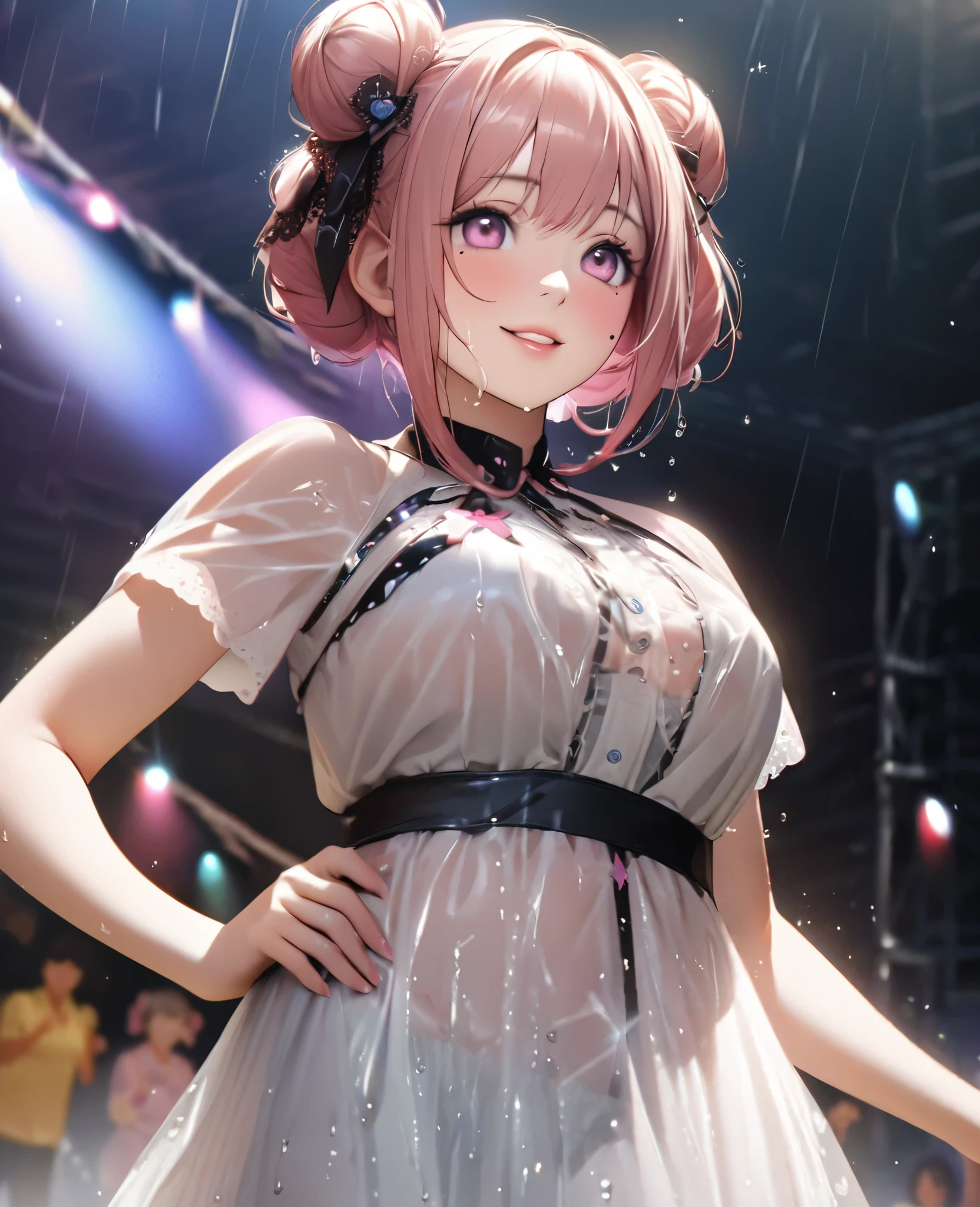 One Girl、Looking at the audience、lovely,
Beautiful pink eyes、Two brown double hair buns , Mole under the eye、Plump and glossy lips、Heart-shaped choca、Idol、Her name is May,smile、ー、。.。.。.。.。.。.。.。.。.。.。.。.。.。.。.。.。.。.3D、Realistic、
The idol's costume was soaked in the heavy rain, and her chest was wet and transparent.Heavy rain at outdoor concert, Drape clothes、gem、The decoration has been removed、Floral、Lace trim,On a glittering stage、
masterpiece、highest quality、8k、Detailed skin texture、Detailed cloth texture、Beautifully detailed face、Intricate details、Very detailed、
超A high resolution、8k Ultra HD、Film Grain、Best Shadow、delicate、Gazing at the audience、front