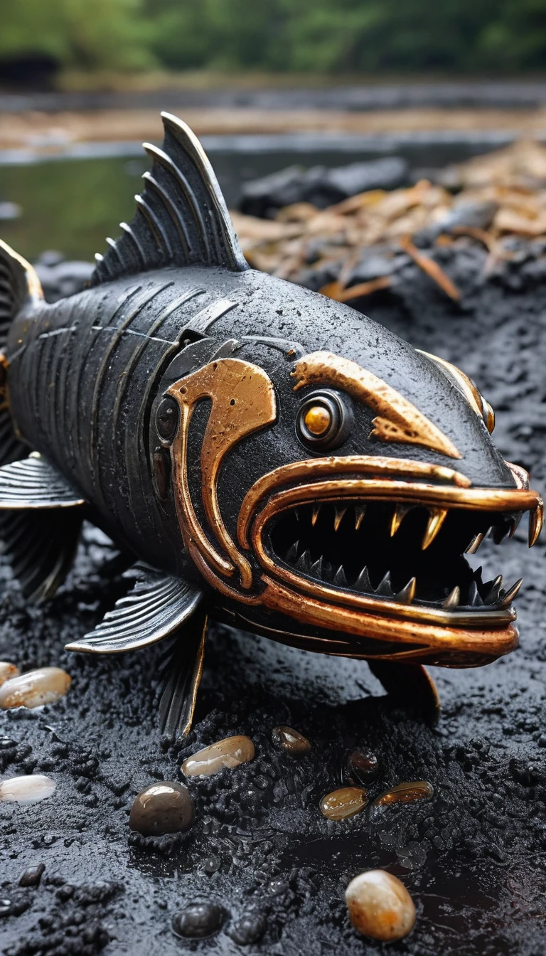 Close-up of a fish emerging from wet black mud(Viking-style Marvel's Ghost Rider:1.3)、Very detailed、cigarette、spark、Metal shavings、flying debris、Volumetric Light