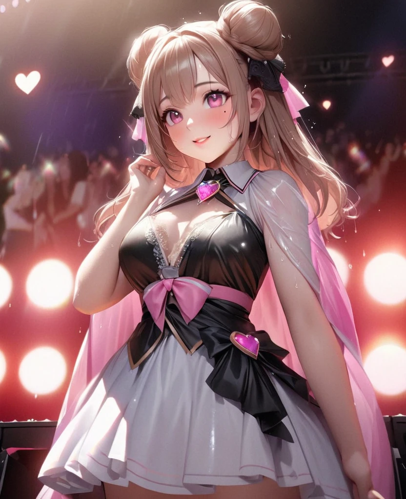 One Girl、Looking at the audience、lovely,
Beautiful pink eyes、Two brown double hair buns , Mole under the eye、Plump and glossy lips、Heart-shaped choca、Idol、Her name is May,smile、ー、。.。.。.。.。.。.。.。.。.。.。.。.。.。.。.。.。.。.3D、Realistic、
The idol's costume was soaked in the heavy rain, and her chest was wet and transparent.Heavy rain at outdoor concert, Drape clothes、gem、The decoration has been removed、Floral、Lace trim,On a glittering stage、
masterpiece、highest quality、8k、Detailed skin texture、Detailed cloth texture、Beautifully detailed face、Intricate details、Very detailed、
超A high resolution、8k Ultra HD、Film Grain、Best Shadow、delicate、Gazing at the audience、front