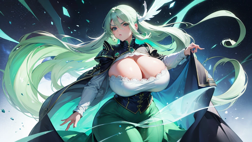 27 yo's woman, light cyan hair, green Pandora's clothes,big And round breasts, gorgeous thicc plump body,angry expression,furious eyes,Green satellizer's outfit,Very long skirt, looking to The viewer, mouth opended