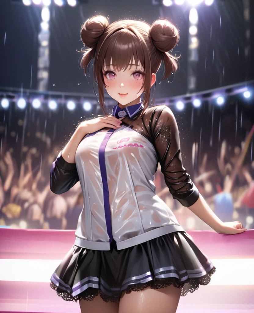 One Girl、Looking at the audience、lovely,
Beautiful pink eyes、Two brown double hair buns , Mole under the eye、Plump and glossy lips、Heart-shaped choca、Dance team uniforms、Her name is May,smile、ー、。.。.。.。.。.。.。.。.。.。.。.。.。.。.。.。.。.。.3D、Realistic、
Dance team uniforms was soaked in the heavy rain, and her chest was wet and transparent.Heavy rain at outdoor concert, Drape clothes、gem、The decoration has been removed、Floral、Lace trim,On a glittering stage、
masterpiece、highest quality、8k、Detailed skin texture、Detailed cloth texture、Beautifully detailed face、Intricate details、Very detailed、
超A high resolution、8k Ultra HD、Film Grain、Best Shadow、delicate、Gazing at the audience、front