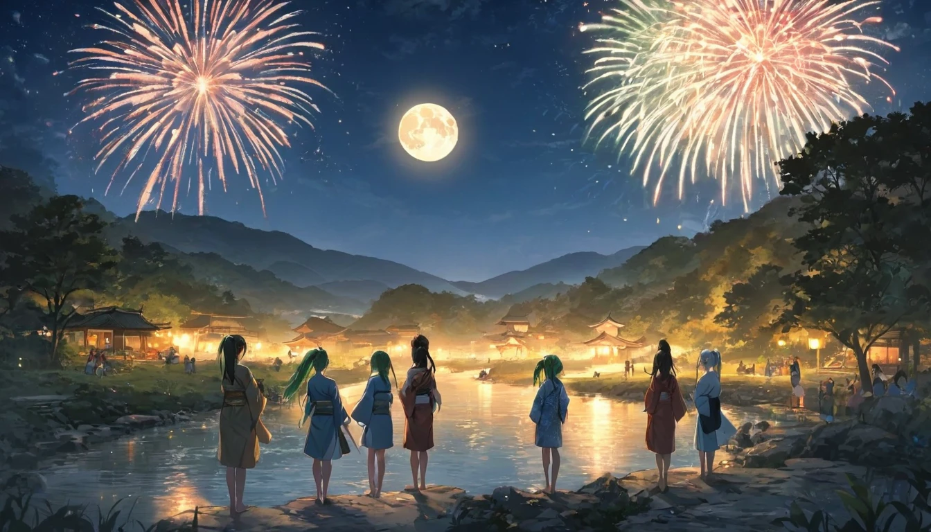 panoramic (in the night Countryside Tian Ying), (detailed background is Beautiful stream, full moon and many detailed fireworks), (back style, in a kimono), break, ((8girls)), look at fireworks, (1 girl is blue long hair), (1 girl is silver long hair), (1 girl is ponytail green hair), (1 girl is brown bob short hair), (1 girl is brown long hair), (3 girls are black long hair), BREAK, perfect anatomy, masterpiece, best quality, 16k, beautiful detailed grow, daydreaming expression.