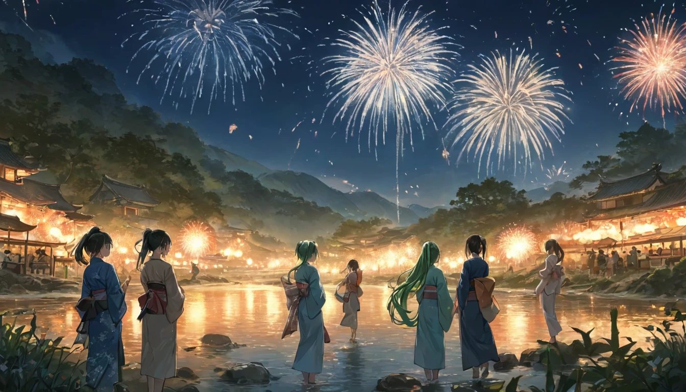 panoramic (in the night Countryside Tian Ying), (detailed background is Beautiful stream, full moon and many detailed fireworks), (back style, in a kimono), break, ((8girls)), look at fireworks, (1 girl is blue long hair), (1 girl is silver long hair), (1 girl is ponytail green hair), (1 girl is  brown bob short hair), (1 girl is brown long hair), (3 girls are black long hair), BREAK, perfect anatomy, masterpiece, best quality, 16k, beautiful detailed grow, daydreaming expression.