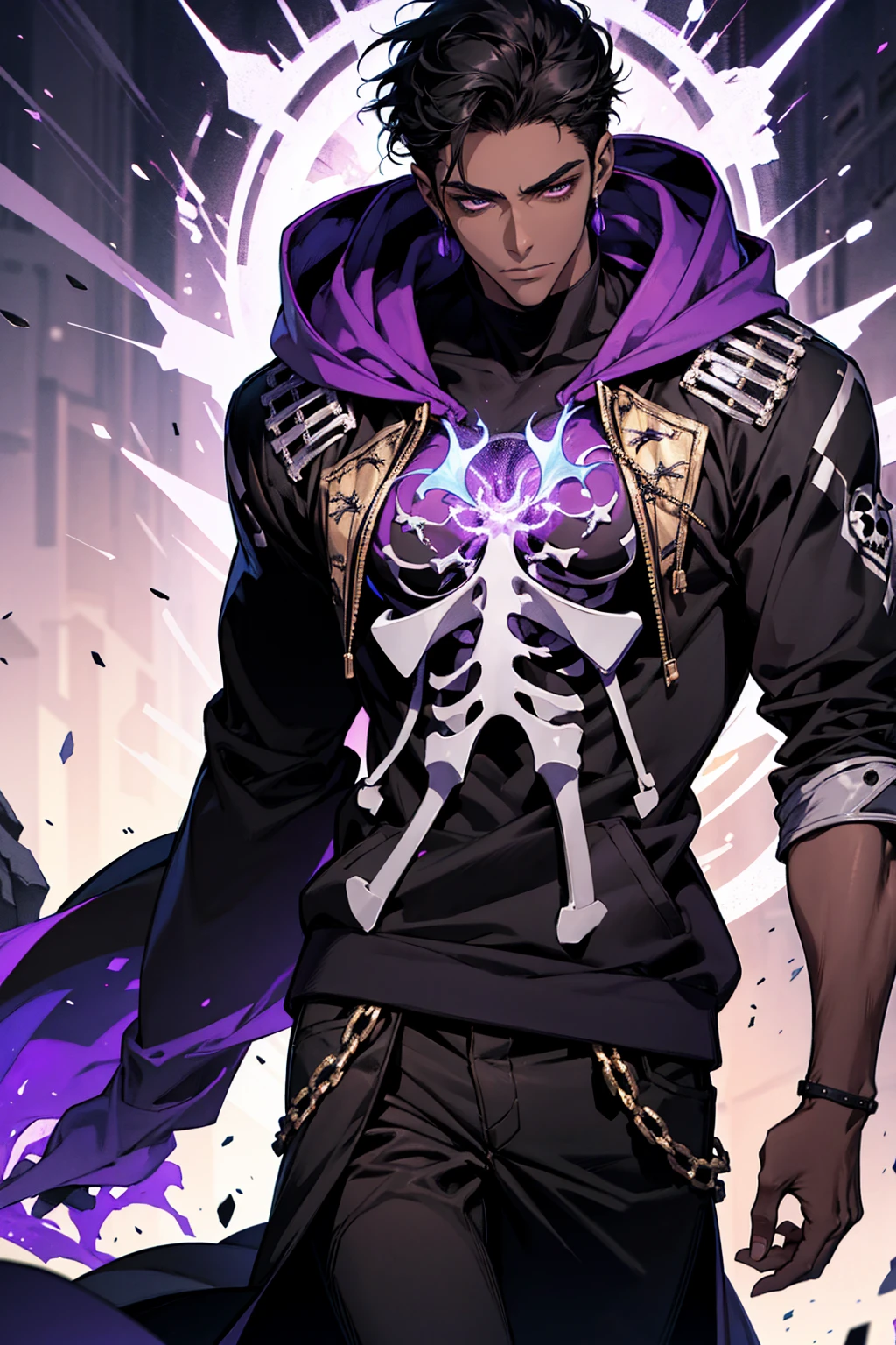 male with bones, looking away from camera, skulls, bones, handsome, black, dark skin, tall, broad shoulders, black hair, purple, purple fire, magic, detailed face, fantasy, hoodie