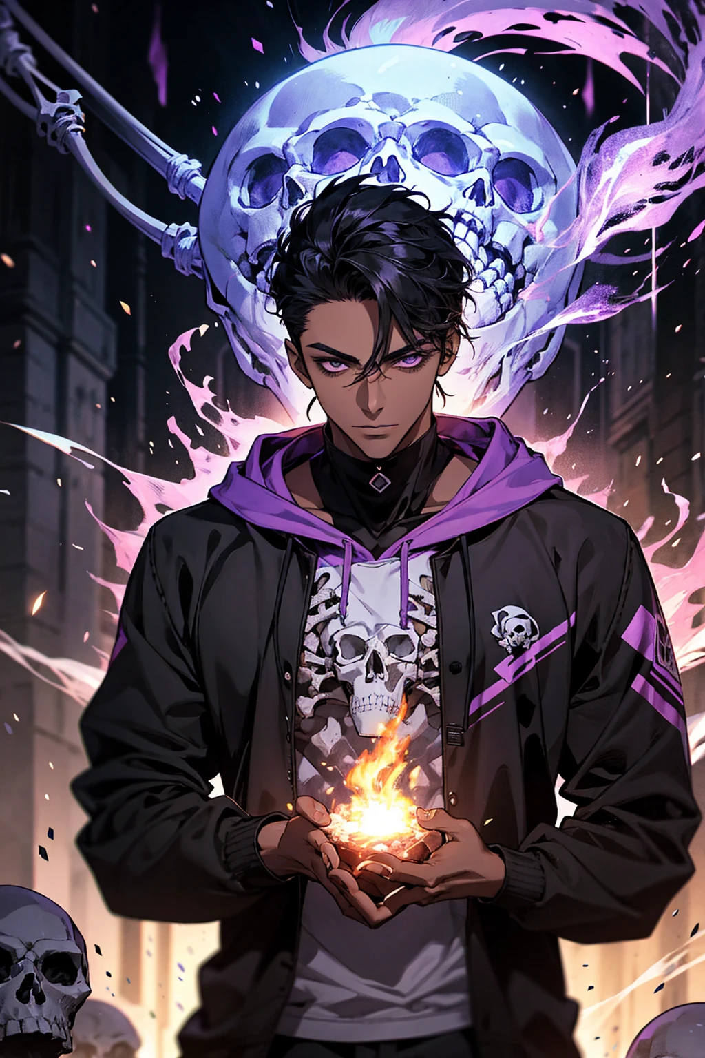 male with bones, looking away from camera, skulls, bones, handsome, black, dark skin, tall, broad shoulders, black hair, purple, purple fire, magic, detailed face, fantasy, hoodie