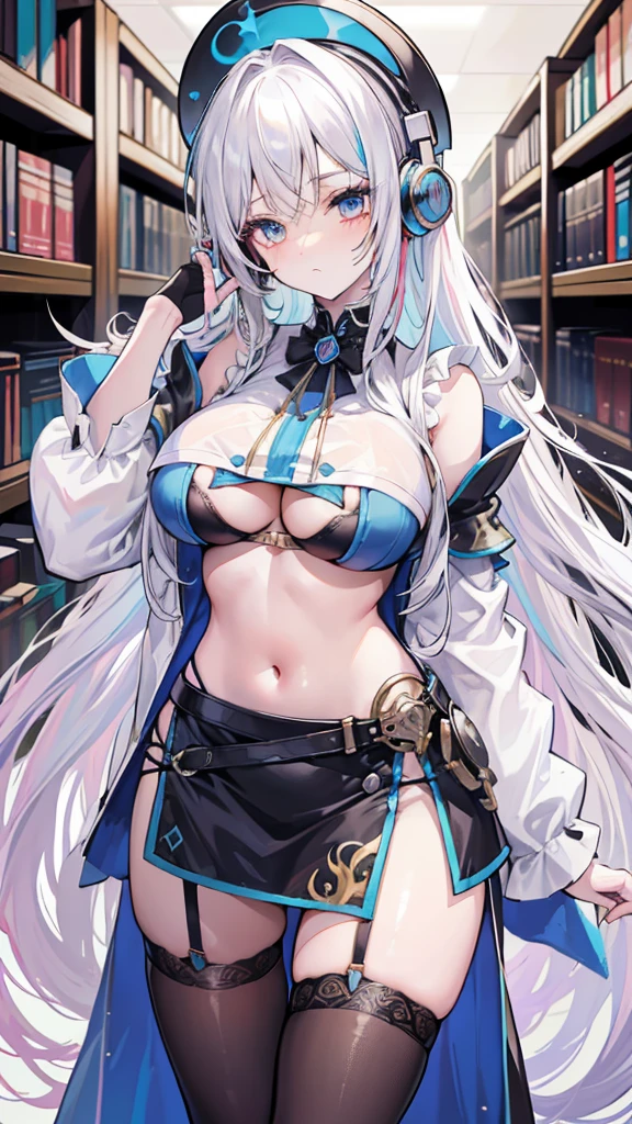 beautiful girl,((Cool colorful metal headphones)),White long hair,(curls),Magician,(Magician长袍),Black garter stockings,Wizard Hat,In the library,((underboobs)),((Below the breasts)),((Lower breasts)),(Big breasts)