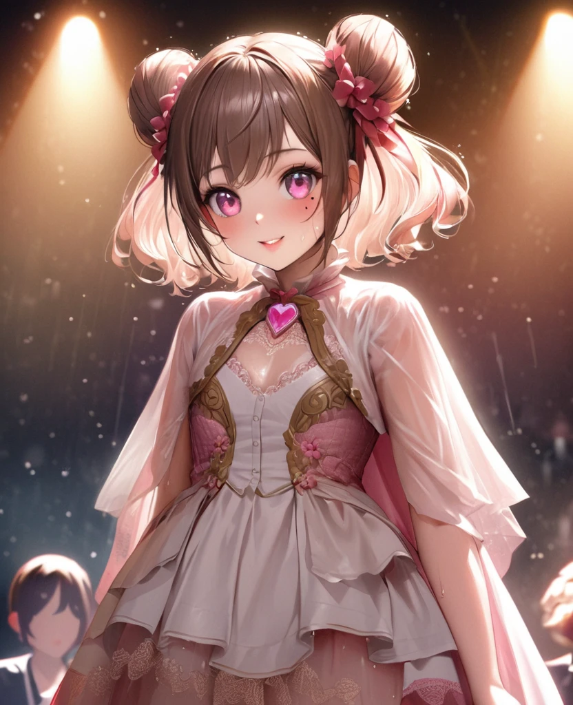 One Girl、Looking at the audience、lovely,
Beautiful pink eyes、Two brown double hair buns , Mole under the eye、Plump and glossy lips、Heart-shaped choca、Idol、Her name is Rico,smile、Hold the microphoneー、。.。.。.。.。.。.。.。.。.。.。.。.。.。.。.。.。.。.3D、Realistic、
off shoulder dress, Drape clothes、gem、The decoration has been removed、Floral、Lace trim,On a glittering stage、
masterpiece、highest quality、8k、Detailed skin texture、Detailed cloth texture、Beautifully detailed face、Intricate details、Very detailed、
超A high resolution、8k Ultra HD、Film Grain、Best Shadow、delicate、Gazing at the audience、front