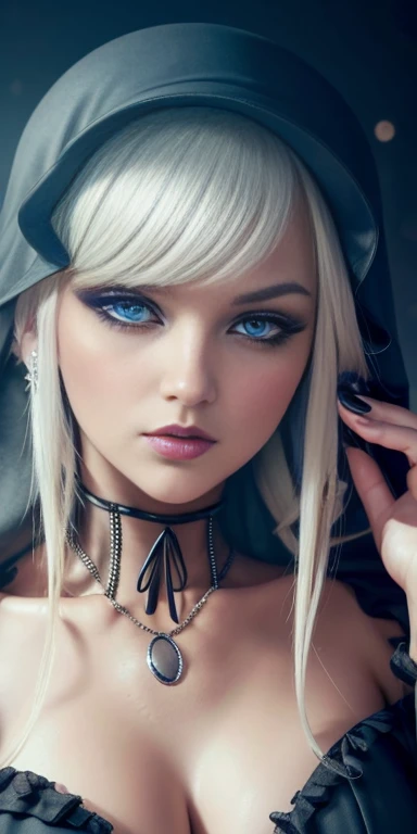 Hermosa chica rubia, ojos azules, piel blanca delineador de ojos, Gothic makeup, labios voluminosos, solo face high resolution levels 12k image 1.2 high resolution wallpaper 