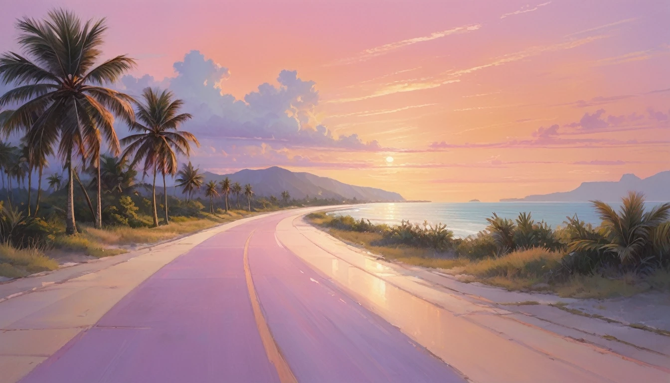 Create an image of a serene coastal scene at sunset. Picture a paved road curving gently towards the beach, lined with tall, slender palm trees swaying gently in the breeze. The sky is painted in soft hues of pink, purple, and orange, reflecting the calmness of the approaching evening. A few wispy clouds add texture to the sky, while the ocean in the background captures the last glimmers of sunlight. The overall mood should evoke a sense of tranquility and the beauty of a tropical sunset.