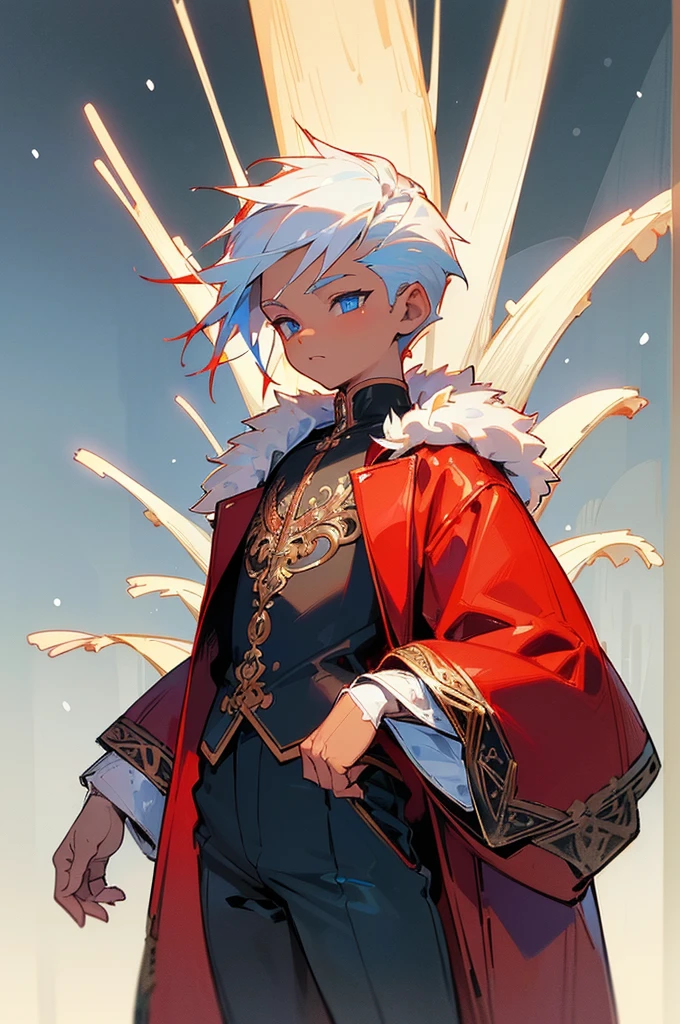 ,(((little boyid only,,1boy,male gender))),((((8 years old)))), 's ite hair,nice hair style,undercut))),(((blue_eyes:1.3))),intricate eyes,beautiful detailed eyes,symmetrical eyes,big eyes:1.5,(((lustrous skin:1.5,tanned skin,bright skin: 1.5,skin tanned,shiny skin,very shiny skin,shiny body))),(((kid body,a little chubby,good anatomy,accurate body proportions,detailed shota body for young boy,perfect anatomy))), (open coat,european fashion,fur coat,jeans,white shirt,modern style,winter clothes),(((red fur coat,red fur coat outfit,wearing a red fur coat:1.3,winter red coat))),((tiny bulge in pants)),(((intricate outfit,intricate clothes,ornate outfit))), (dynamic pose:1.0),smiley,(centered,scale to fit dimensions,Rule of thirds), ((snowy pine forest)),winter,scenery:1.25,((intricate scenery)),((snow forest background)), (Glossy winter ornaments),highres,sharp focus,(ultra detailed,extremely detailed),(photorealistic artwork:1.37),(extremely detailed CG unity 8k wallpaper),(((vibrant colors,vibrant theme))),(intricate),(masterpiece),(best quality),