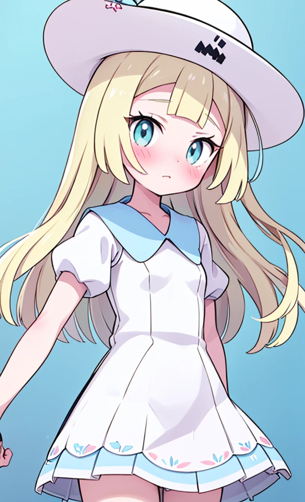 masterpiece,best quality,1 girl,solo,blush with embarrassment,Lillie,Pokémon,White Pleated Dresses,White clothes with light blue collar,Pokémon風の画風,(boldline:1.6),(deluster:1.5),(flat:1.5),White wide-brimmed hat with light blue ribbon, ,loli, body,