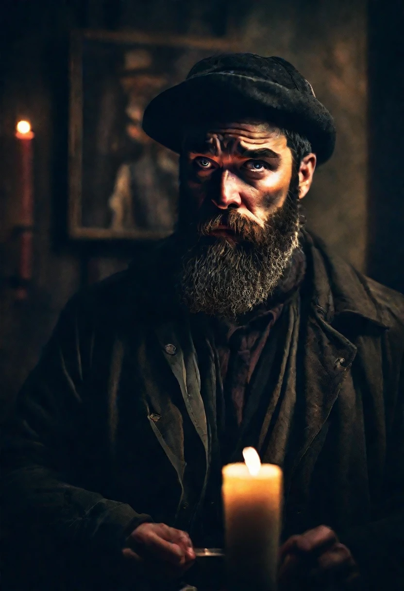 an anxious man with an eye patch, bearded and rugged face, wearing a hat, holding a candle, in a dark room, dramatic lighting, film composition, digital painting, film lighting, muted color palette, moody atmosphere