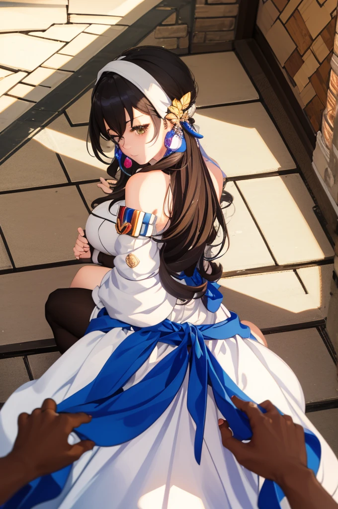 beautiful, masterpiece, best quality, extremely detailed face, perfect lighting,
dynamic pose, arm behind back, 
astaroth, solo, aqua eyes, blush, smile,
black hair, long hair, straight hair, large breasts, blue hair tubes,  white kimono, japanese clothes,  cleavage, collarbone,  obi, blue highleg, highleg, cameltoe, white thighhighs, 
outdoors, night sky, cityscape, tower, 
