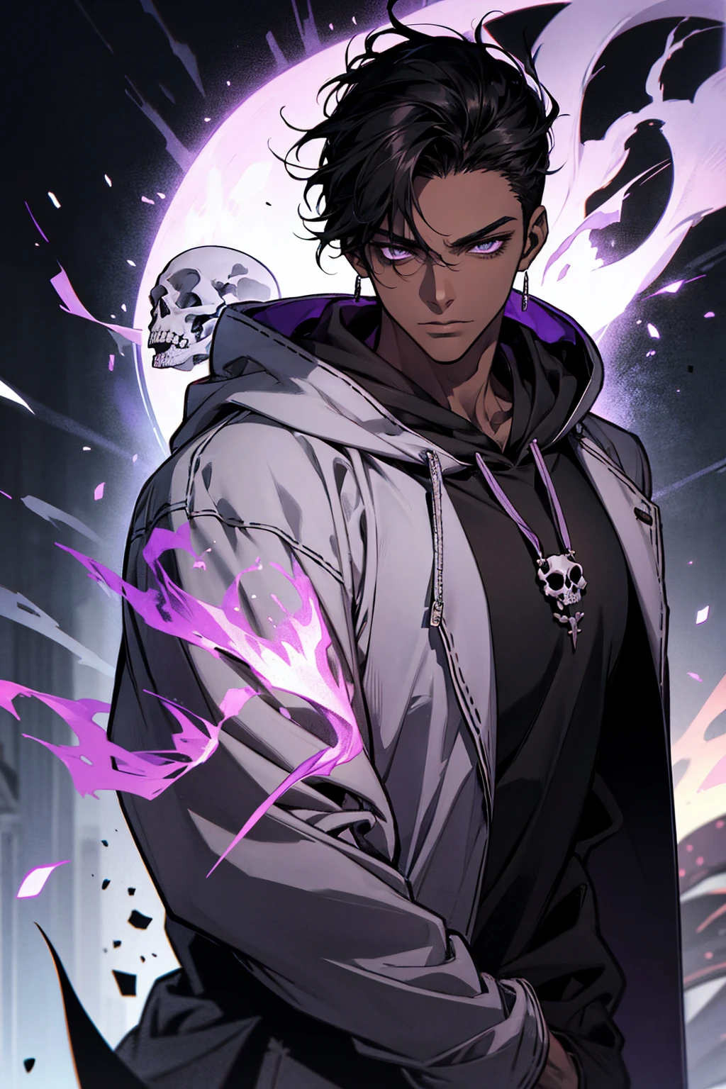 male with bones, looking away from camera, skulls, bones, handsome, black, dark skin, tall, broad shoulders, black hair, purple, purple fire, magic, detailed face, fantasy, hoodie