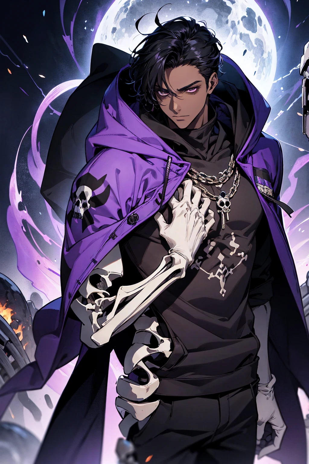 male with bones, looking away from camera, skulls, bones, handsome, black, dark skin, tall, broad shoulders, black hair, purple, purple fire, magic, detailed face, fantasy, hoodie