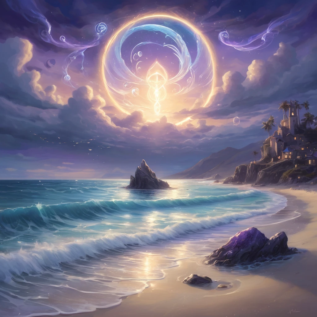 Create an incredibly mesmerizing and unique image titled "Alchemy Seaside Psychic Ability." Picture a serene seaside scene at dusk, where the sky is painted with shades of deep blue, purple, and gold. In the foreground, a powerful alchemist stands on the shore, their eyes glowing with psychic energy. The alchemist’s hands are raised, manipulating a swirling vortex of water and magical symbols that hover above the ocean’s surface.

The beach is adorned with mysterious alchemical tools and ancient runes etched into the sand, glowing faintly with an otherworldly light. Crystals and mystical artifacts are scattered around, reflecting the colors of the setting sun and the alchemist’s magical aura.

In the background, the ocean waves crash gently against the shore, but they too are enchanted, with bioluminescent creatures illuminating the water. Ethereal sea spirits and mythical creatures can be seen dancing in the waves, adding to the sense of magic and wonder.

The entire scene is bathed in a soft, enchanting glow, with the colors blending seamlessly to create a harmonious and mystical atmosphere. The image should evoke a sense of awe and intrigue, capturing the viewer’s imagination with the blending of alchemy, psychic power, and the natural beauty of the seaside.