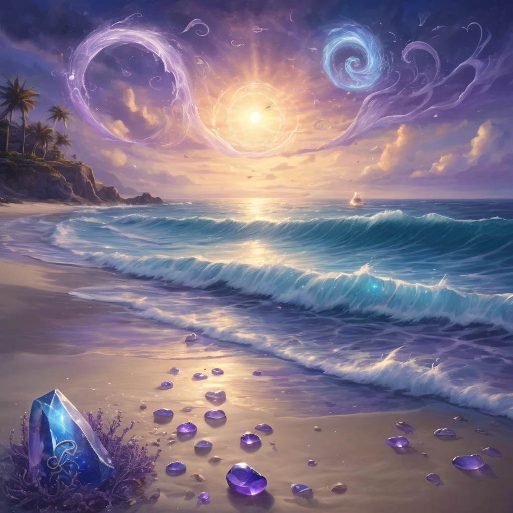 Create an incredibly mesmerizing and unique image titled "Alchemy Seaside Psychic Ability." Picture a serene seaside scene at dusk, where the sky is painted with shades of deep blue, purple, and gold. In the foreground, a powerful alchemist stands on the shore, their eyes glowing with psychic energy. The alchemist’s hands are raised, manipulating a swirling vortex of water and magical symbols that hover above the ocean’s surface.
The beach is adorned with mysterious alchemical tools and ancient runes etched into the sand, glowing faintly with an otherworldly light. Crystals and mystical artifacts are scattered around, reflecting the colors of the setting sun and the alchemist’s magical aura.
In the background, the ocean waves crash gently against the shore, but they too are enchanted, with bioluminescent creatures illuminating the water. Ethereal sea spirits and mythical creatures can be seen dancing in the waves, adding to the sense of magic and wonder.
The entire scene is bathed in a soft, enchanting glow, with the colors blending seamlessly to create a harmonious and mystical atmosphere. The image should evoke a sense of awe and intrigue, capturing the viewer’s imagination with the blending of alchemy, psychic power, and the natural beauty of the seaside.