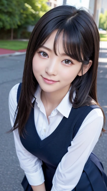 ((High definition)),((high resolution)),((High definition)),((detailed)),((8K)),((Perfect Face)),((Perfect body)),((Realistic)),((Real)),((Realistic)),((beautiful girl)),((school uniform)),((big breasts:1.1)),Straight long hairstyle、hairstyle that shows off the forehead、Short skirt、Looking up、Bend over and peer at me、Smile with your mouth closed、Jet black hair、Dark brown eyes、Very white skin、Double eyelids、Big Eyes、Schoolyard、blue sky、sunny