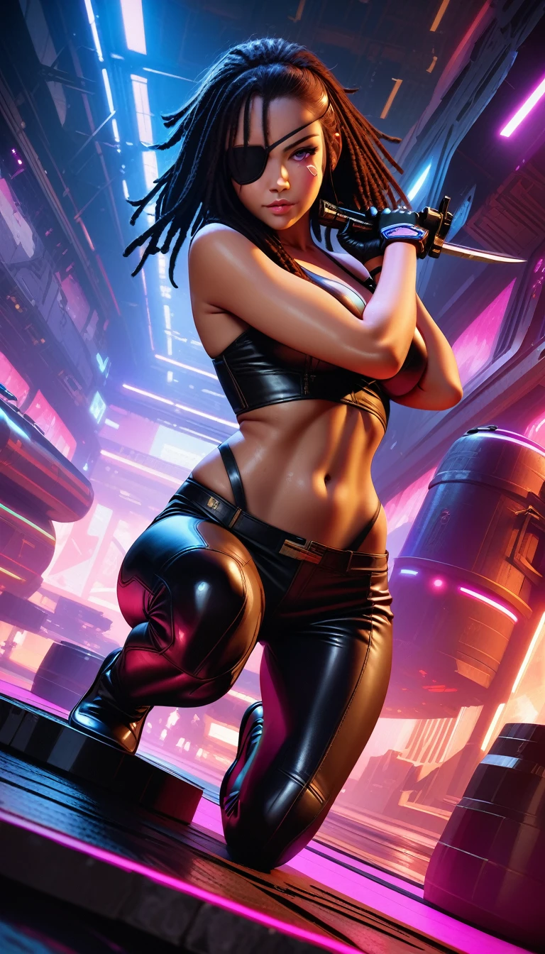 (Eye patch on left eye:1.7) Beautiful young female space pirate captain, eye patch, dreadlocks, large breasts, spaceship, barrels, spaceport, weapons, guns, knives, swords, sensual pose, provocative pose, full body shot, (best quality, 4k, 8k, high resolution, masterpiece:1.2), ultra detailed, (realistic, photorealistic, photorealistic:1.37), cinematic lighting, dramatic lighting, vibrant colors, highly detailed, sci-fi, cyberpunk, digital art, mynatalee woman