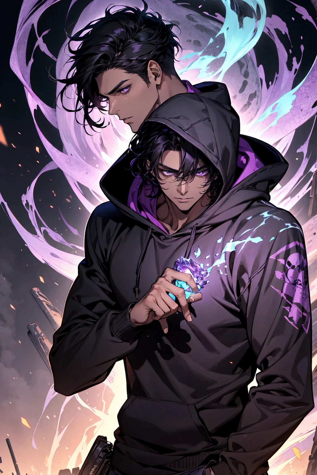 male with bones, looking away from camera, skulls, bones, handsome, black, dark skin, tall, broad shoulders, black hair, purple, purple fire, magic, detailed face, fantasy, hoodie