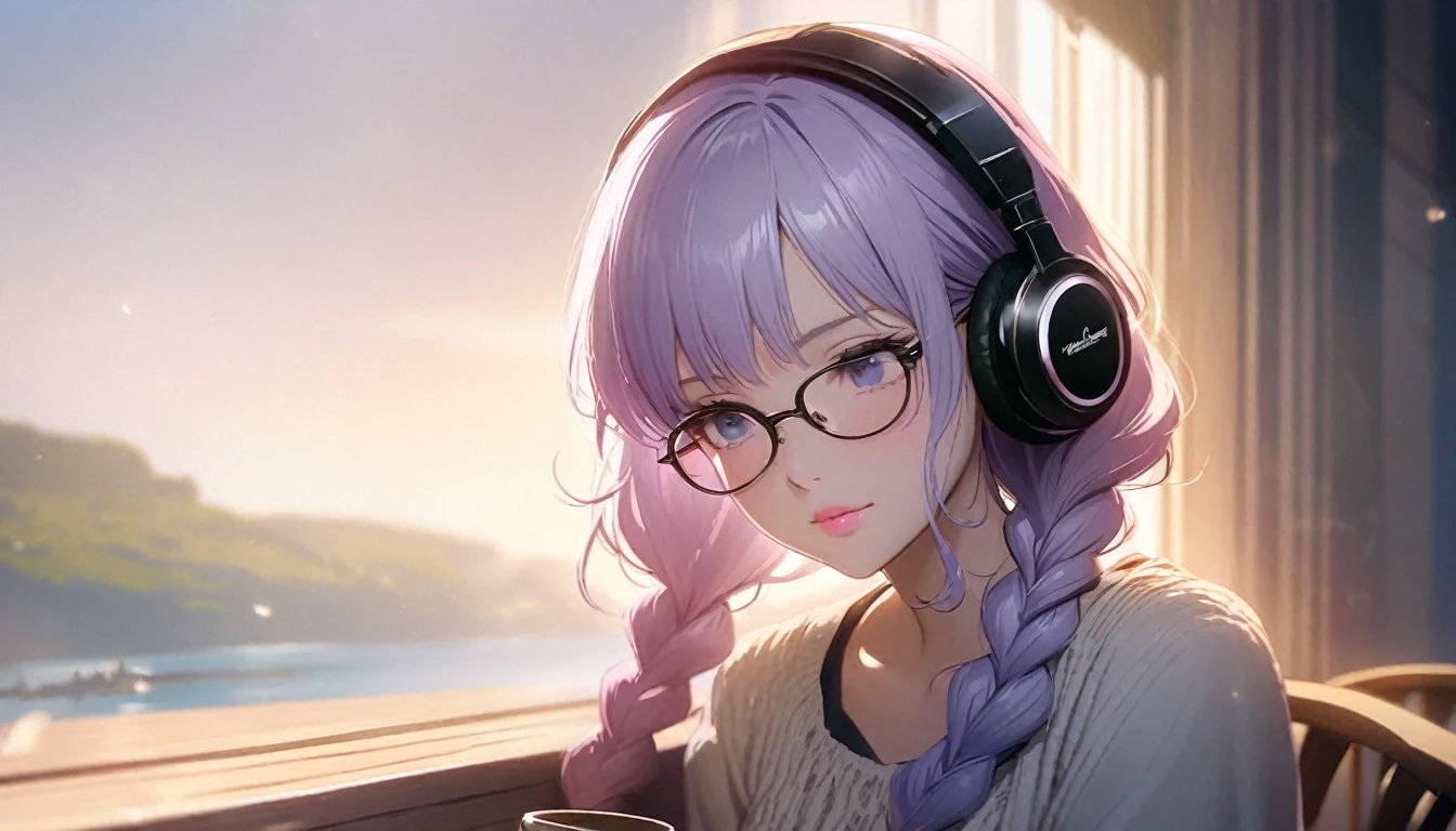 Anime Visual, (Looking out the window,Girl Drinking Coffee, Headphones）, (Tilt your head), Very delicate face, Soft Clean Focus, Realistic lighting and shading, Very delicate and beautiful art,(Calm colors:1.1),(Light purple hair,Two wavy braids,Pink Lips:1.4),Glasses,Emotional touch,Landscape Main