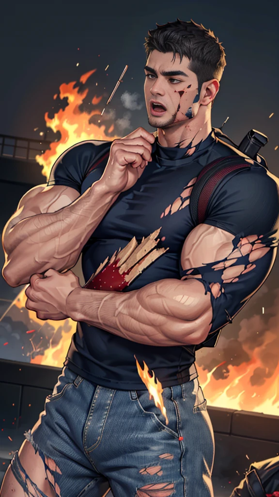 (Create a masterpiece: 1.2),(CGI art:1.3),(realistic:1.5),(After processing:1.3),(Sharp focus:1.3), (man Fight, join in battle:1.5 ), straight, front ,Chris Redfield ,(black hair), smile open mouth, (Wear color navy round neck T-shirt: 1.5), (with a Police badge: 1.2), navy cargo, (Torn shirt:1.6), (wound: 1.3) , (blood splatters) ,( abrasions on face: 1.5), (Blood stains on the face and body: 1.4), Korean guy , korean men, (High gloss details), chest muscles, large arm muscles, blood vessel, Big muscles, Broad shoulders, looking at the audience, Balancing the eyes, middle of the road , (black backpack: 1.3) ,(Fire blazes behind) ,(open mouth:1.6)