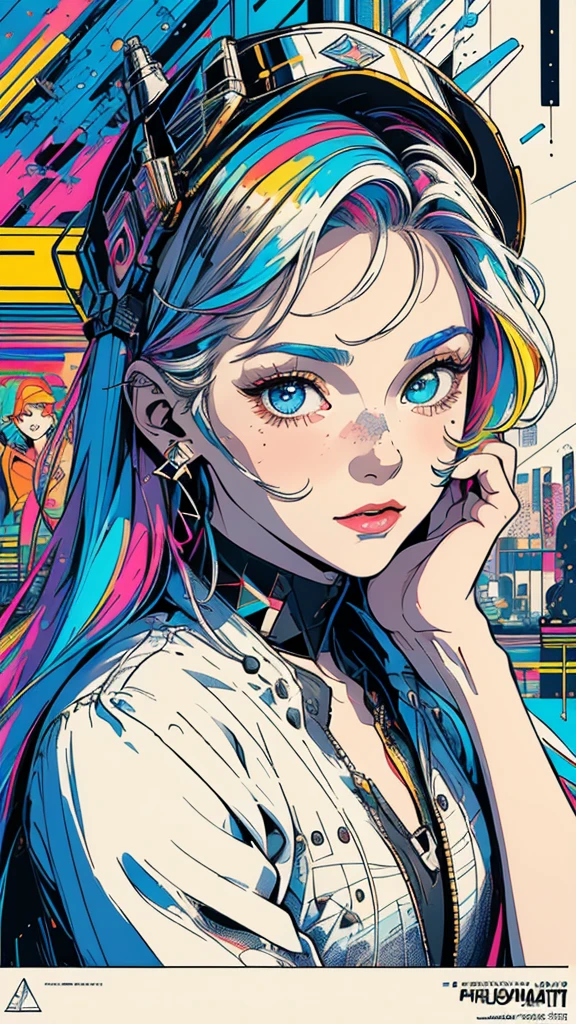 (((masterpiece, highest quality))),(((solo:1.2))),(((1girl:1.2))),32k wallpaper, very detailed, poster, vintage science fiction, 1960s,(((((geometric cinematic movie poster))))), (bauhaus), shape,(((abstract))), mid century modern, movie poster, vintage, Perfect Lady,1970's, halftone, speech bubble,(((portfolio,Close-up))),(((various angle))),(((bust up))),((highlight)),Vast landscape,((((heterochromia)))),(((complete. detailed face))),(((Extremely talented))),(((most complecated machine))),((((Overall colorfully))))