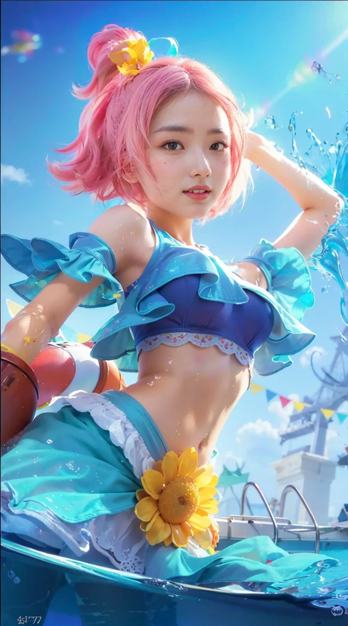 Masterpiece、Best Quality、Illustration、 Super detailed、Fine details、 High resolution、8K Denden Wallpaper、Perfect dynamic composition、Cute 27 year old girl、Sweet girl、Detailed beautiful face、Detailed cute eyes、Textured skin、A modest smile、Small breasts、summerＴshirt、Bold sexy pose、