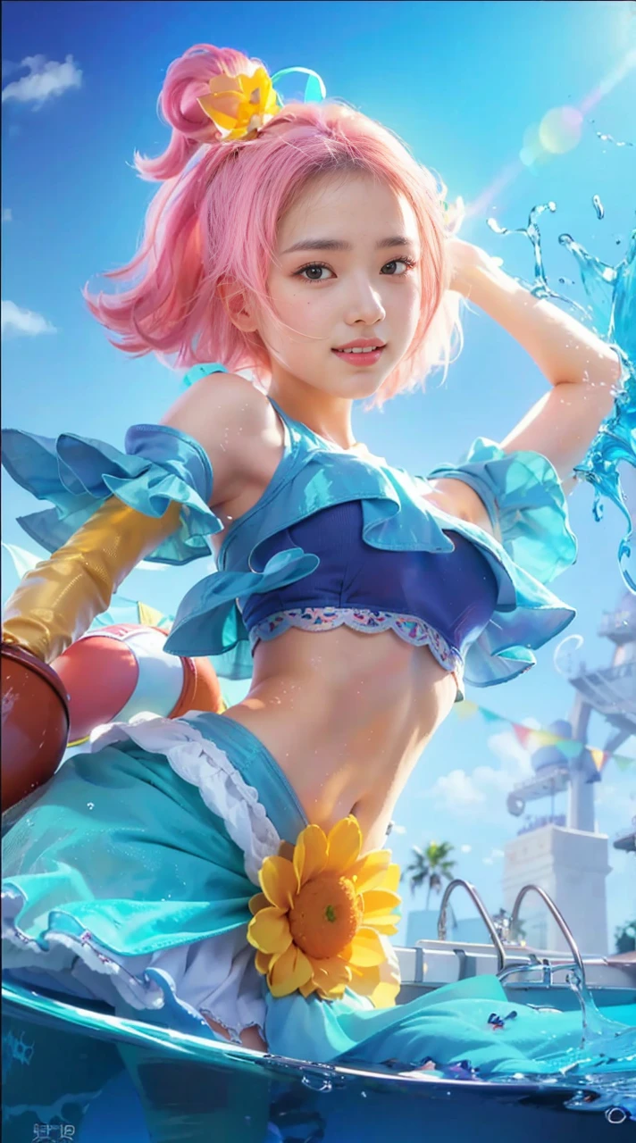 Masterpiece、Best Quality、Illustration、 Super detailed、Fine details、 High resolution、8K Denden Wallpaper、Perfect dynamic composition、Cute 27 year old girl、Sweet girl、Detailed beautiful face、Detailed cute eyes、Textured skin、A modest smile、Small breasts、summerTshirt、Bold sexy pose、