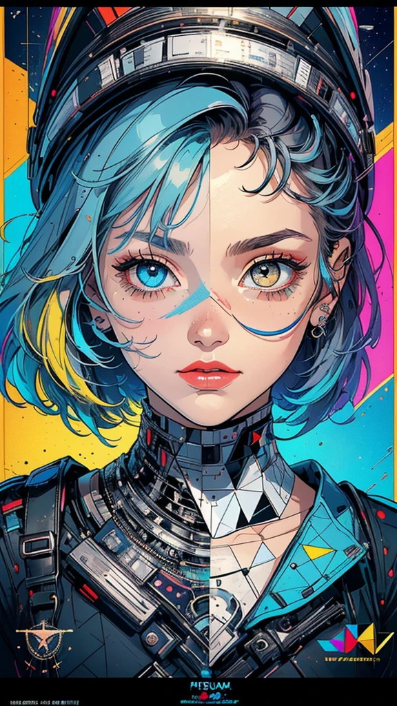(((masterpiece, highest quality))),(((solo:1.2))),(((1girl:1.2))),32k wallpaper, very detailed, poster, vintage science fiction, 1960s,(((((geometric cinematic movie poster))))), (bauhaus), shape,(((abstract))), mid century modern, movie poster, vintage, Perfect Lady,1970's, halftone, speech bubble,(((portfolio,Close-up))),(((various angle))),(((bust up))),((highlight)),Vast landscape,((((heterochromia)))),(((complete. detailed face))),(((Extremely talented))),(((most complecated machine))),((((Overall colorfully))))