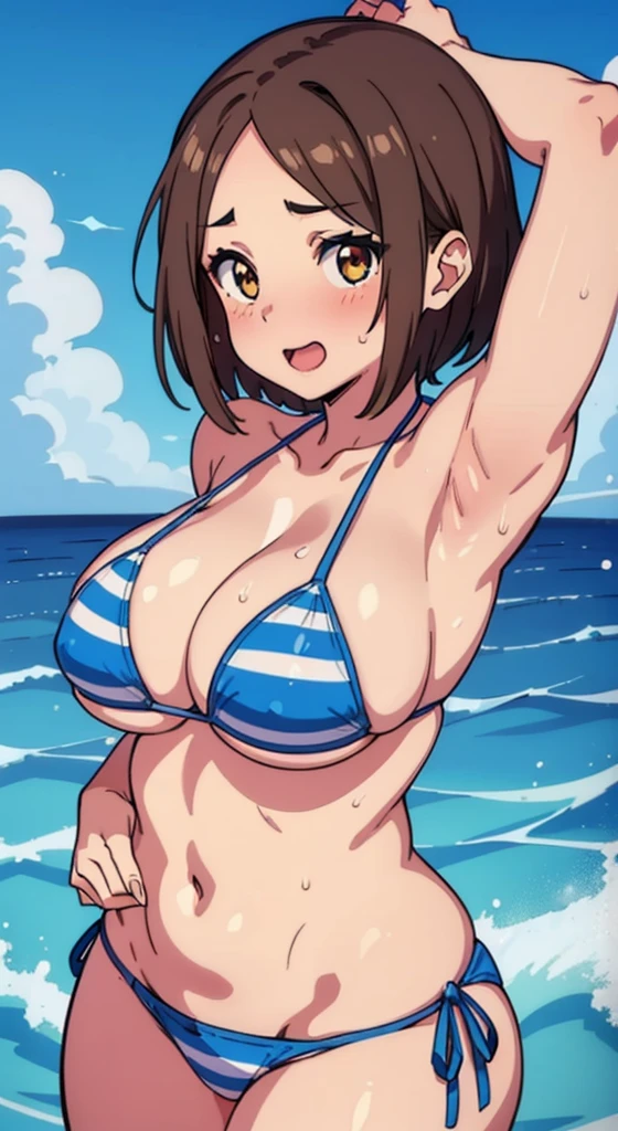 (a closeup、16 K、top-quality、high detailing、rich skin detail、nffsw)、(NSFW)、Watch everywhere、obedience、a matural female、:D、Surprised、Wavy mouth、Sweat、((very Bigger breasts))、Parted bangs、((Blue Stripe Bikini))、A MILF、brown haired、Brown-eyed、(short-hair)、(Forehead)、blushed、(((big butts)))、(thick thighs)、Armpit、Hands behind the head、Cowboy Shot、Swimming in the sea