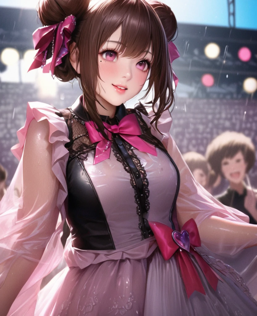 One Girl、Looking at the audience、lovely,
Beautiful pink eyes、Two brown double hair buns , Mole under the eye、Plump and glossy lips、Heart-shaped choca、Idol、Her name is May,smile、ー、。.。.。.。.。.。.。.。.。.。.。.。.。.。.。.。.。.。.3D、Realistic、
The idol's costume was soaked in the heavy rain, and her chest was wet and transparent.Heavy rain at outdoor concert, Drape clothes、gem、The decoration has been removed、Floral、Lace trim,On a glittering stage、
masterpiece、highest quality、8k、Detailed skin texture、Detailed cloth texture、Beautifully detailed face、Intricate details、Very detailed、
超A high resolution、8k Ultra HD、Film Grain、Best Shadow、delicate、Gazing at the audience、front