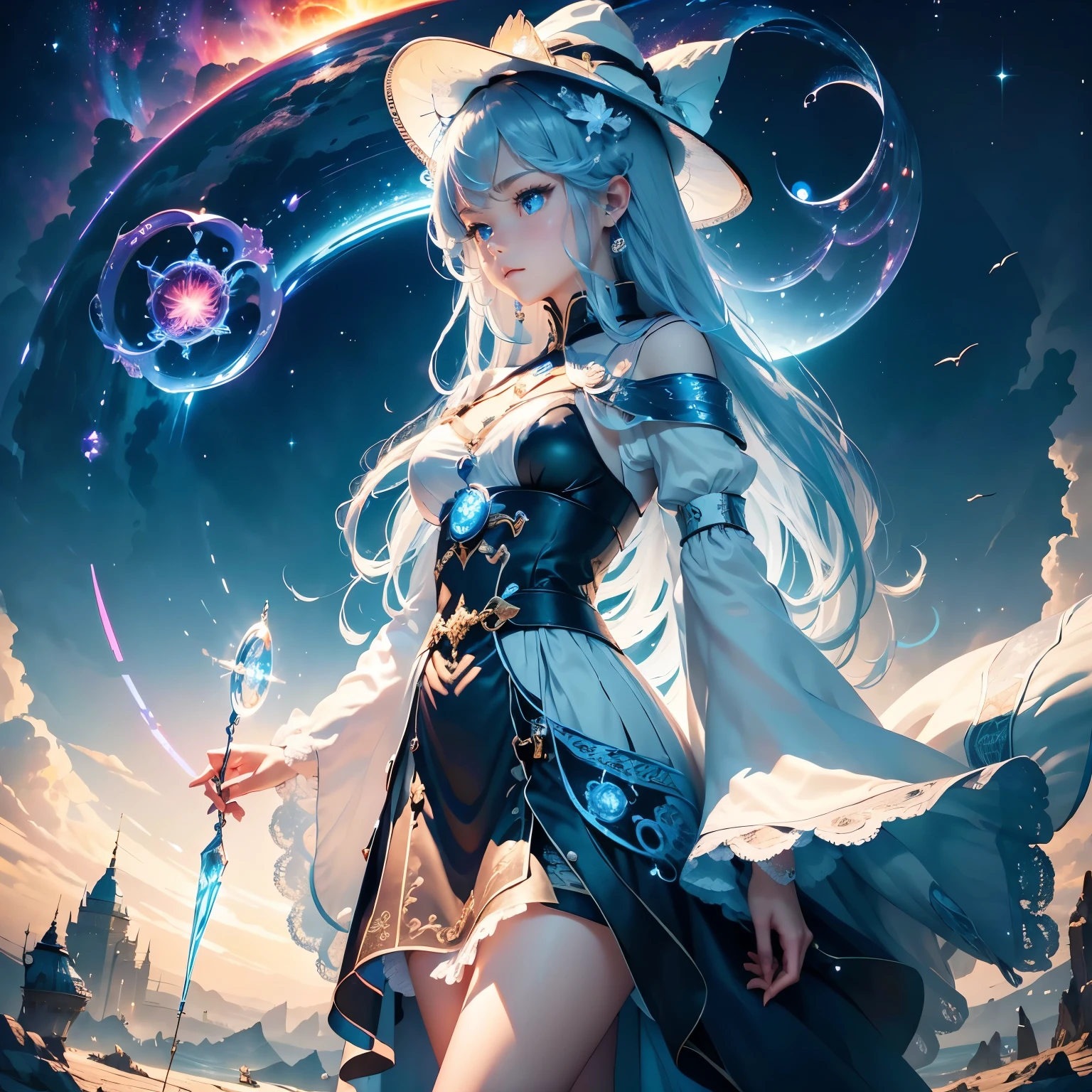 Highest quality，masterpiece，16K，One girl,Aurora,blue eyes,Blue Hair,star座,star座 print,Diffraction Spikes,dress,Earrings,Earth \(惑star\),firework,Milky Way,Sparkle,Have,jewelry,Particles of light,light,Light trail,Long Hair,Energy Circle,magicの形成,concentric circles,Long sleeve,magic,magic circle,milky way,night,night null,惑star,shooting star,null,alone,null間,Shine,Shine background,star \(null\),star \(symbol\),starry background,starry null,starry null print,very Long Hair,wing