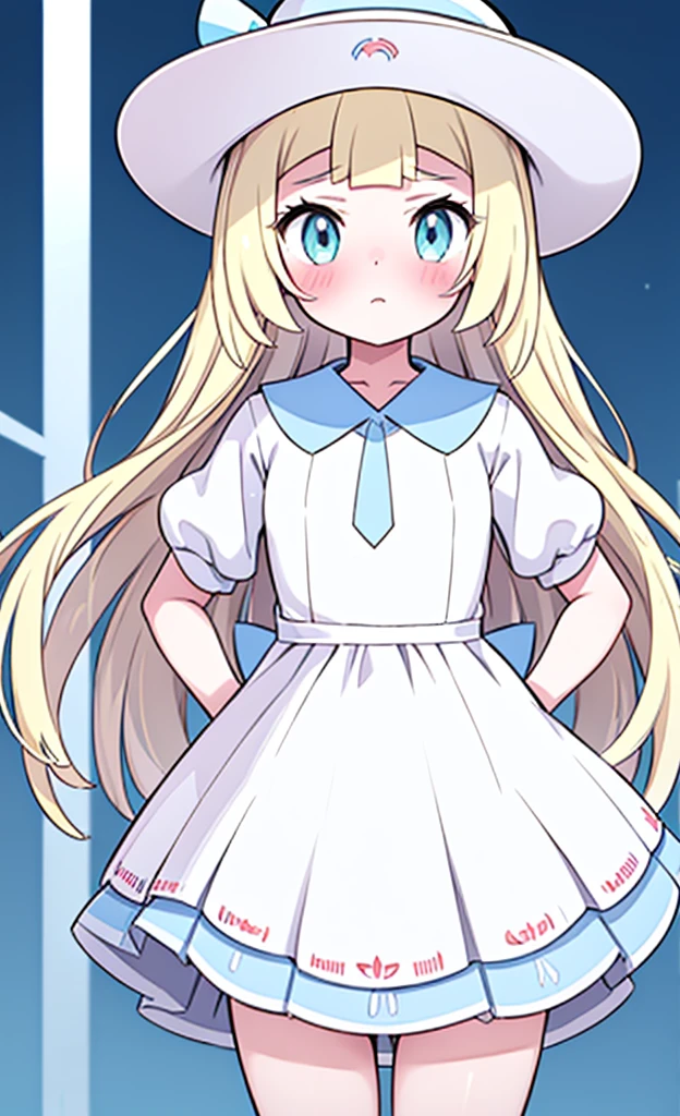 masterpiece,best quality,1 girl,solo,blush with embarrassment,Lillie,Pokémon,White Pleated Dresses,White clothes with light blue collar,Pokémon風の画風,(boldline:1.6),(deluster:1.5),(flat:1.5),White wide-brimmed hat with light blue ribbon, ,loli, body,Oversized clothing