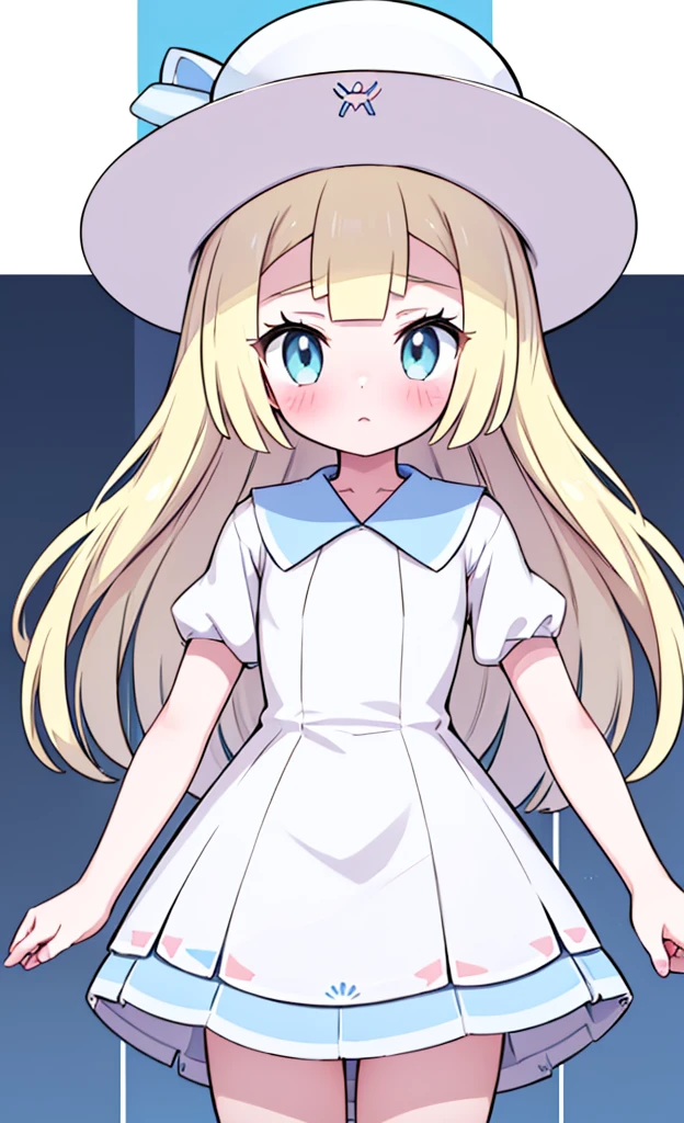 masterpiece,best quality,1 girl,solo,blush with embarrassment,Lillie,Pokémon,White Pleated Dresses,White clothes with light blue collar,Pokémon風の画風,(boldline:1.6),(deluster:1.5),(flat:1.5),White wide-brimmed hat with light blue ribbon, ,loli, body,Oversized clothing